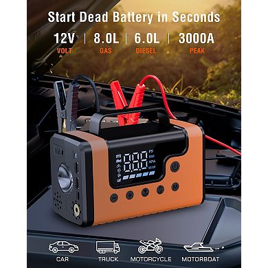 Car Jump Start, 150PSI Air and Vacuum: 3000A for 8.0L Gas/6.0L Diesel