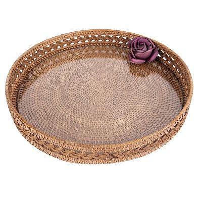 Saboga Home™ Braided Design Rattan Round Tray with Glass Insert