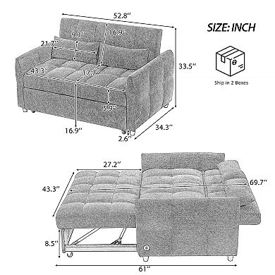 Whisen 52.8" Loveseat Sofa, Pull-out Sofa Bed, Adjustable Backrest, 3 USB Ports and 2 Lumbar Pillows