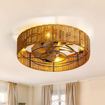 19" Indoor Caged Rattan Ceiling Fan with LED Light, 7 ABS Blades, 6-Speed DC Motor, Remote Control