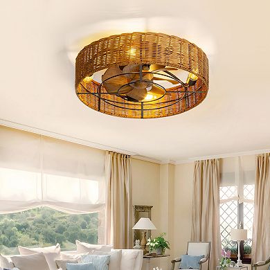 19" Indoor Caged Rattan Ceiling Fan with LED Light, 7 ABS Blades, 6-Speed DC Motor, Remote Control