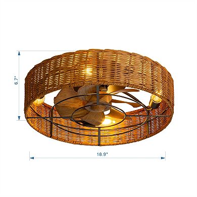 19" Indoor Caged Rattan Ceiling Fan with LED Light, 7 ABS Blades, 6-Speed DC Motor, Remote Control