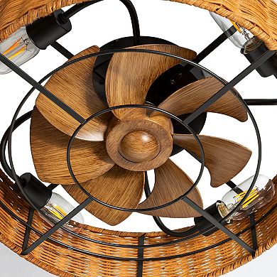 19" Indoor Caged Rattan Ceiling Fan with LED Light, 7 ABS Blades, 6-Speed DC Motor, Remote Control