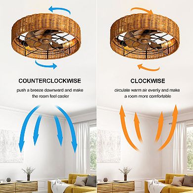 19" Indoor Caged Rattan Ceiling Fan with LED Light, 7 ABS Blades, 6-Speed DC Motor, Remote Control