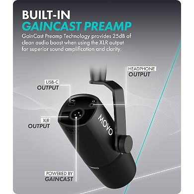 Movo UM6 Dynamic Podcast Microphone with Built-in GainCast Preamp - XLR and USB C Outputs