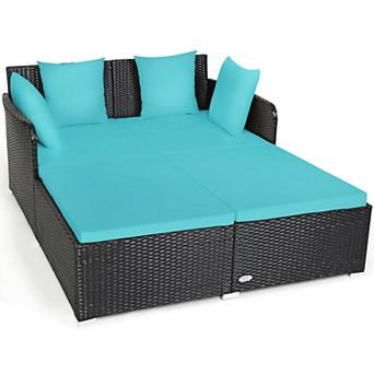 Outdoor Rattan Daybed with Cushions and Pillows - Turquoise