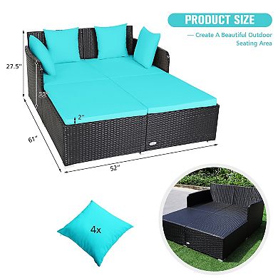 Outdoor Rattan Daybed with Cushions and Pillows - Turquoise
