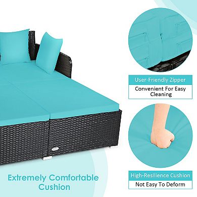 Outdoor Rattan Daybed with Cushions and Pillows - Turquoise