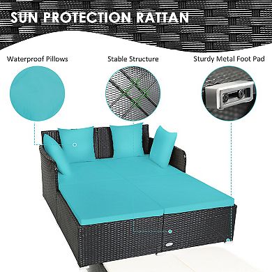 Outdoor Rattan Daybed with Cushions and Pillows - Turquoise