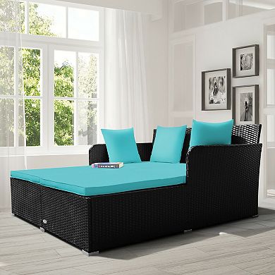 Outdoor Rattan Daybed with Cushions and Pillows - Turquoise