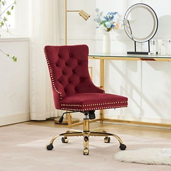 Velvet Tufted Office Chair With Golden Metal Base Swivel Wine Red