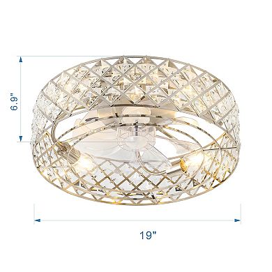19-Inch Ceiling Fan with Crystal Cage Shade, 7 Transparent ABS Blades, DC Motor, Remote Control