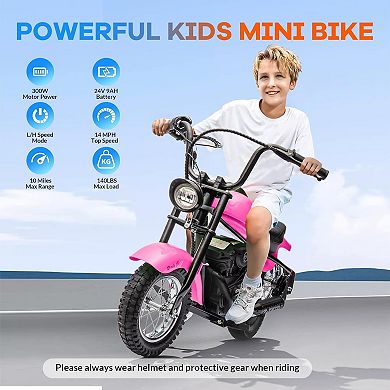 24V Kids Electric Dirt Bike, 2 Speed, Up to 14 MPH, 60-Minute Runtime, LED Lights, Leather Seat