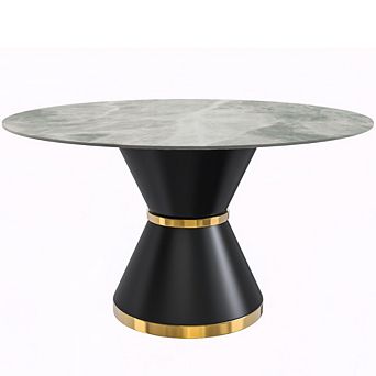 Leisuremod Qorvus 60" Round Dining Table - Sintered Stone, Black/Gold Base