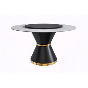 Leisuremod Qorvus 60" Round Dining Table - Sintered Stone, Black/Gold Base