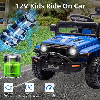 12V Kids Ride-On Truck, Parent Remote Control, LED Lights,Spring Suspension,4-Wheel Drive,25W Motors