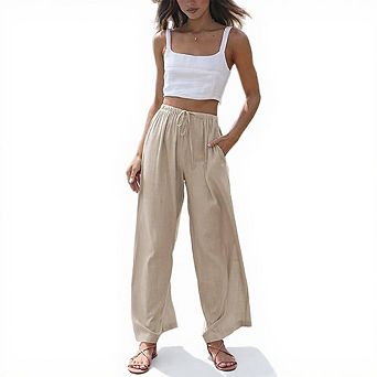 Women Drawstring Wide Leg Pants High Waisted Casual Loose Trousers with Pockets