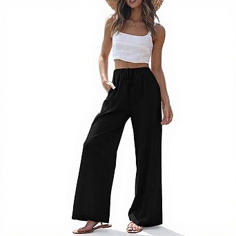 Women Drawstring Wide Leg Pants High Waisted Casual Loose Trousers with Pockets