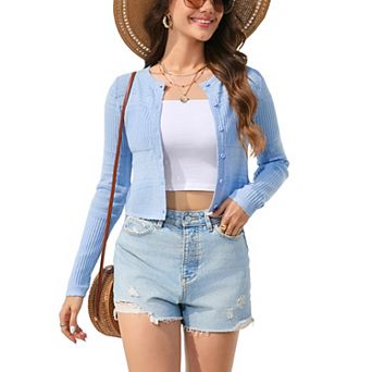 Women's Cropped Cardigan Sweaters Button Front Crew Neck Knit Top