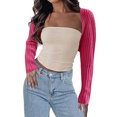 Womens Sweater Shrugs Cropped Open Front Sweater Cardigan Long Sleeve Bolero Ribbed Knit Sweater Tops,Rose - M