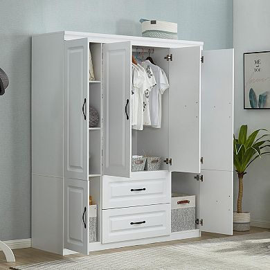 Tall Closet Wardrobe with 4 Doors 2 Drawers Armoire Wardrobe Closets Freestanding Bedroom