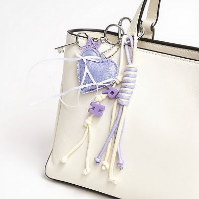 Heart Charm Keychain with Ribbon Tassels and Alphabet Beads