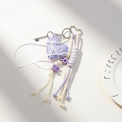 Heart Charm Keychain with Ribbon Tassels and Alphabet Beads