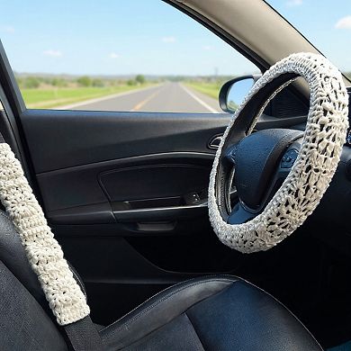 Handcrafted Crochet Steering Wheel Cover and Seat Belt Pad Set