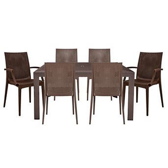 Leisuremod Mace 7 pc Rectangular Outdoor Dining Set With 4 Side Chairs And 2 Armchairs
