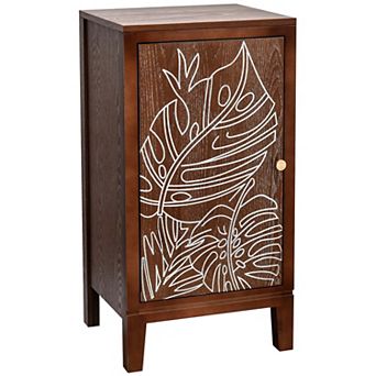 eHemco Tropical Monstera Door Accent End Table, Modern Retro Style, Antique Walnut Finish
