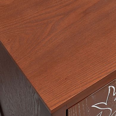 eHemco Tropical Monstera Door Accent End Table, Modern Retro Style, Antique Walnut Finish