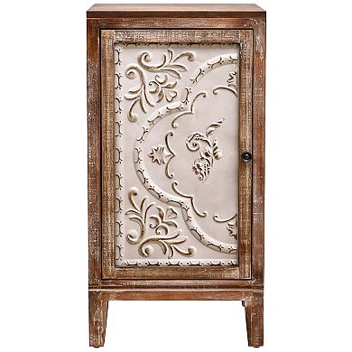 eHemco Vintage Florentine End Table with Floral Door Panel, Natural and Cream Finish