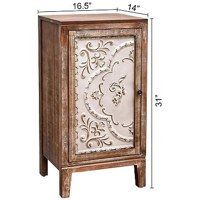 eHemco Vintage Florentine End Table with Floral Door Panel, Natural and Cream Finish