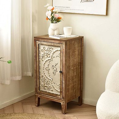 eHemco Vintage Florentine End Table with Floral Door Panel, Natural and Cream Finish