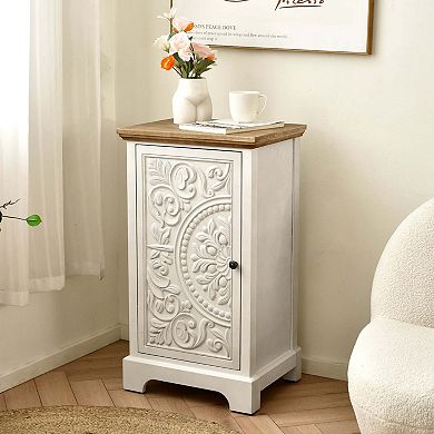 eHemco Ornate Floral Carved End Table with Storage, Retro Style Living Room Furniture