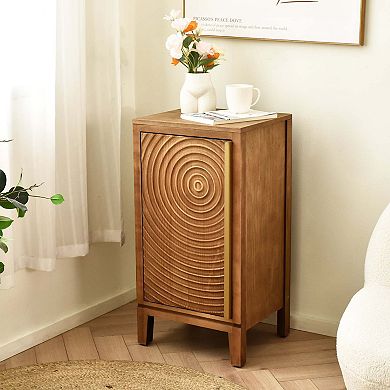 eHemco Geometric Ripple End Table with Storage, Indoor Living Room Furniture, Natural Finish