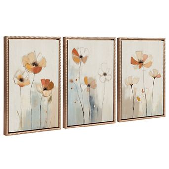 Sylvie Neutral Blue Elegant Country Wildflowers Framed Canvas Art Set by The Creative Bunch Studio