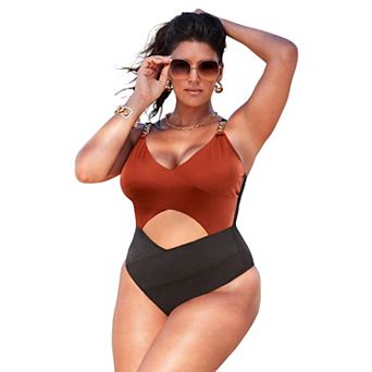 Swimsuits for All Women's Shimmer Chain Accent Cut Out One Piece Swimsuit