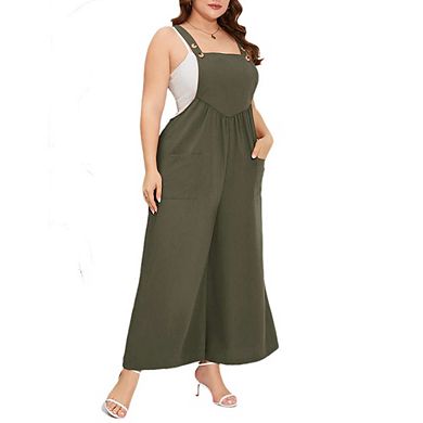 Women's Plus Size Sleeveless Jumpsuits Adjustable Spaghetti Stretchy Long Pant with Pockets