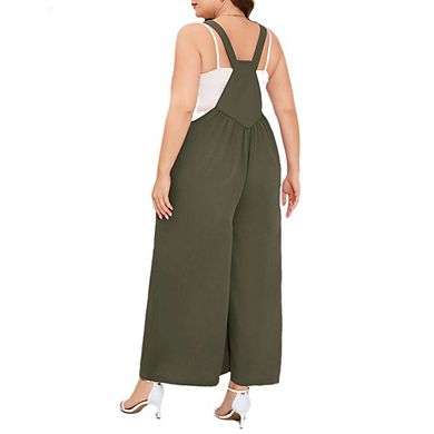 Women's Plus Size Sleeveless Jumpsuits Adjustable Spaghetti Stretchy Long Pant with Pockets