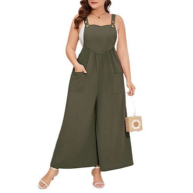 Women's Plus Size Sleeveless Jumpsuits Adjustable Spaghetti Stretchy Long Pant with Pockets