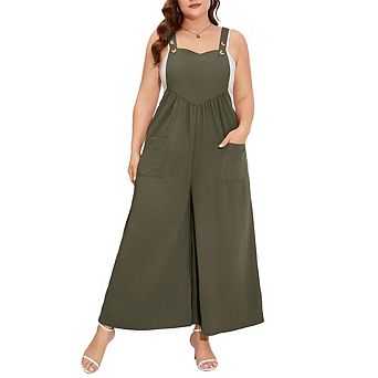 Women's Plus Size Sleeveless Jumpsuits Adjustable Spaghetti Stretchy Long Pant with Pockets
