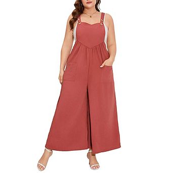 Women's Plus Size Sleeveless Jumpsuits Adjustable Spaghetti Stretchy Long Pant with Pockets