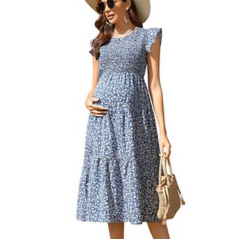 Womens Maternity Summer Flutter Short Sleeve Smocked Dress Casual Crew Neck Midi Dress Baby Shower