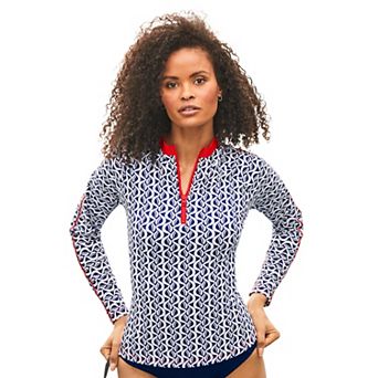 Swimsuits for All Women's Chlorine Resistant Long Sleeve 1/4 Zip Swim Tee Rash Guard