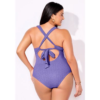 Swimsuits for All Women's Sparkle Ribbed V-Neck One Piece Swimsuit