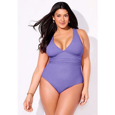 Swimsuits for All Women's Sparkle Ribbed V-Neck One Piece Swimsuit