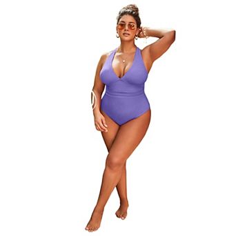 Swimsuits for All Women's Sparkle Ribbed V-Neck One Piece Swimsuit