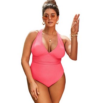Swimsuits for All Women's Sparkle Ribbed V-Neck One Piece Swimsuit