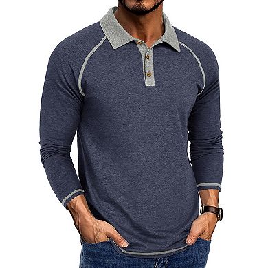 Men's Color Block Polo Shirt Casual Long Sleeve Collared Top with Contrast Trim